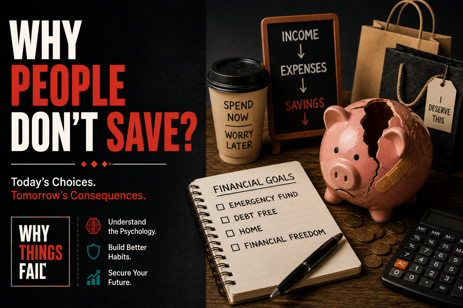 Why People Don't Save infographic showing lifestyle inflation, emotional spending and present bias reducing long term savings.