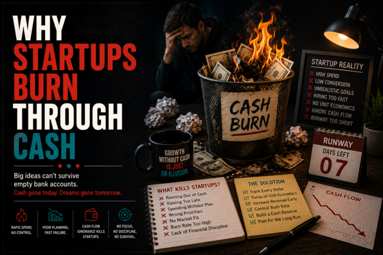 Why Startups Burn Through Cash infographic showing startup cash flow, burn rate and financial decision making