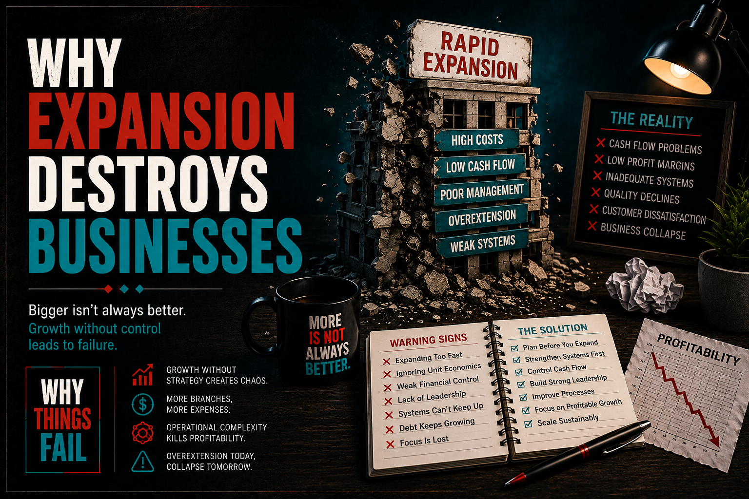 Diagram explaining Why Expansion Destroys Businesses with growth stages, operational challenges and business failure warning signs