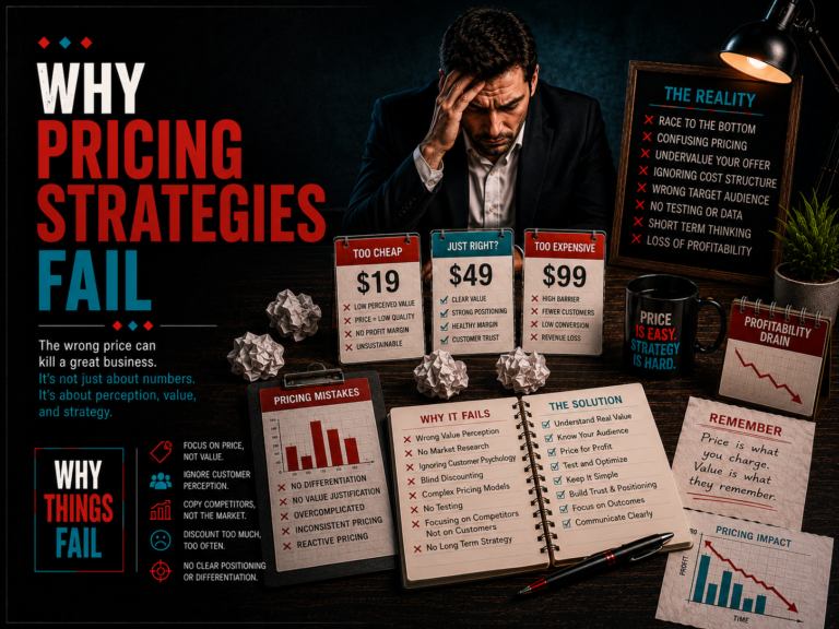 Illustration explaining why pricing strategies fail through behavioural economics, pricing perception, profit margins and customer decision making.
