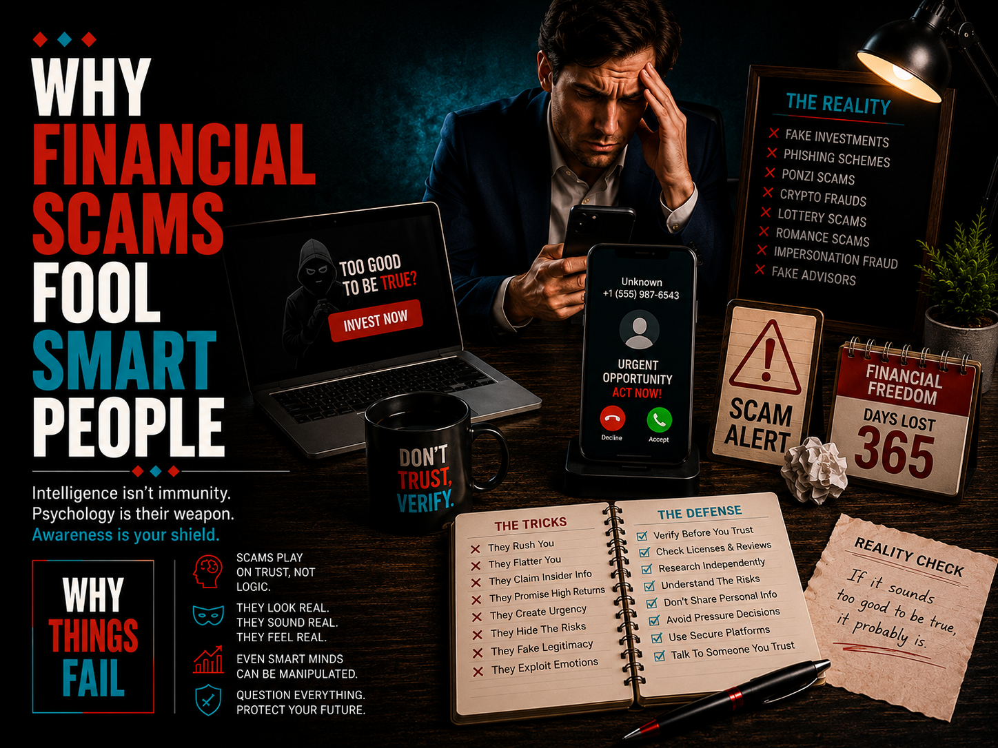 Why Financial Scams Fool Smart People illustration highlighting warning signs, scam tactics and financial fraud prevention