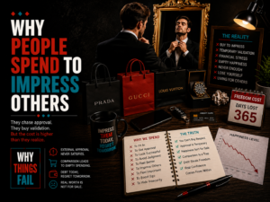 Why People Spend To Impress Others showing status spending, social media influence and financial decision making.