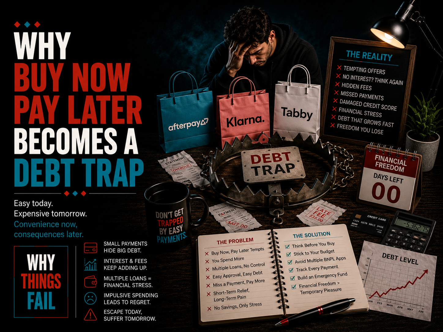 Financial planning concept showing Why Buy Now Pay Later Becomes A Debt Trap with cash flow management, consumer debt and budgeting challenges.