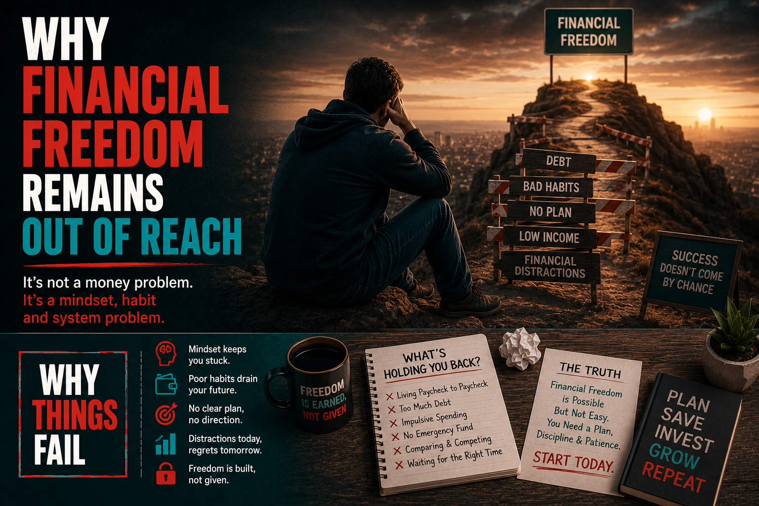 Why Financial Freedom Remains Out Of Reach infographic showing lifestyle inflation, saving habits and wealth building decisions