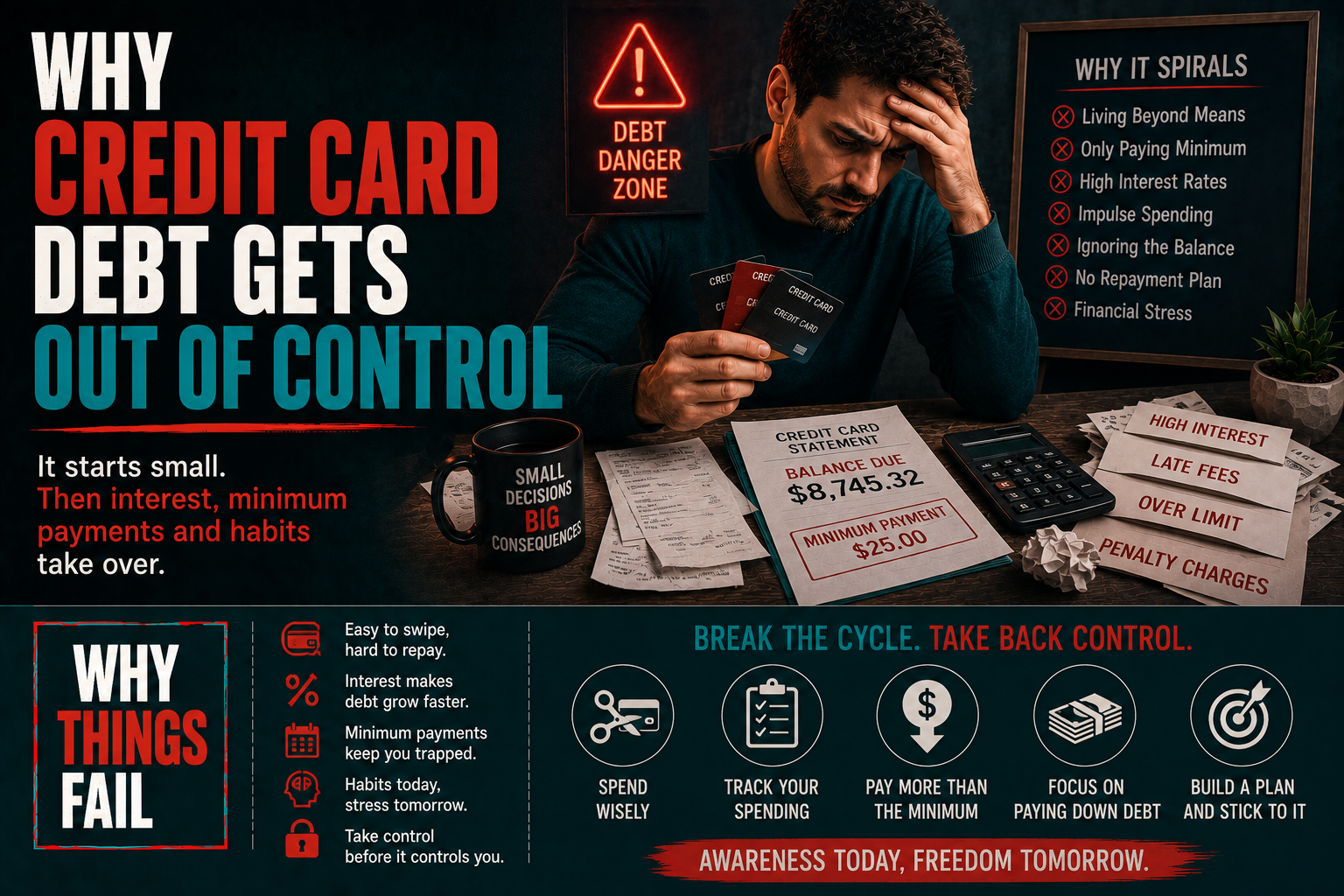 Why Credit Card Debt Gets Out Of Control illustrated with growing credit card balances, unpaid bills and rising interest charges