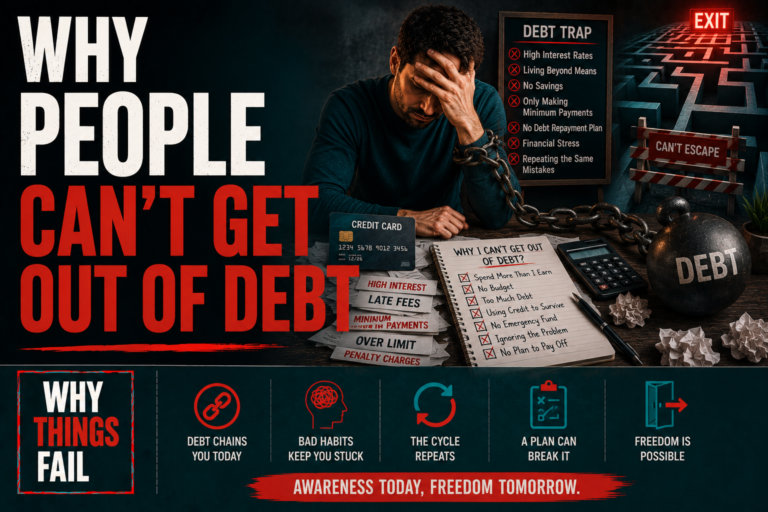Why People Can't Get Out Of Debt illustrated with unpaid bills, credit cards and growing financial stress on a household budget.