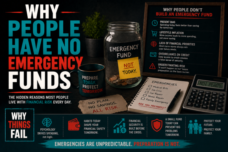 Why People Have No Emergency Funds illustrated with an empty savings jar, unpaid bills and household expenses showing financial vulnerability.