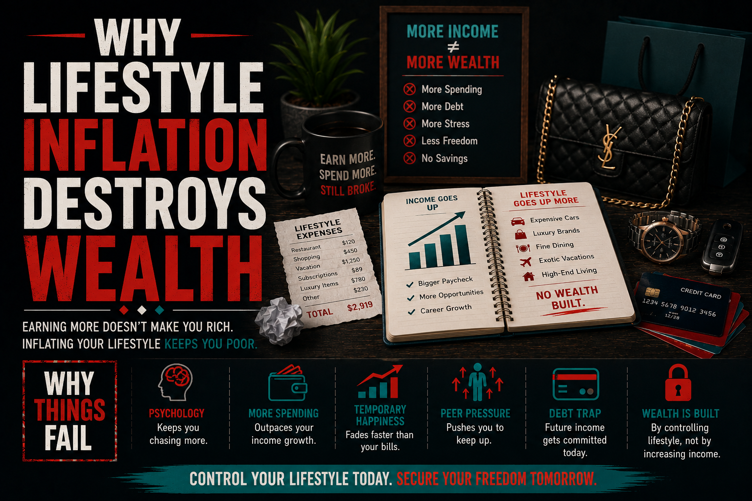 Why lifestyle inflation destroys wealth illustrated through rising income, increasing expenses and declining long term wealth accumulation