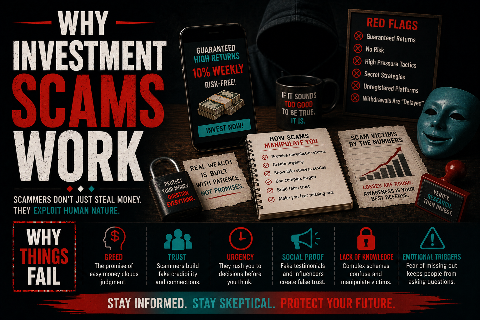 Infographic explaining Why Investment Scams Work and the warning signs investors ignore