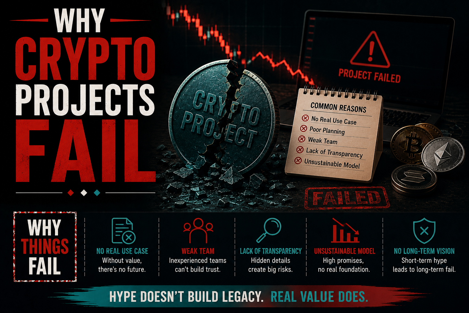Why crypto projects fail infographic showing overconfidence, speculation, poor incentives and market collapse.
