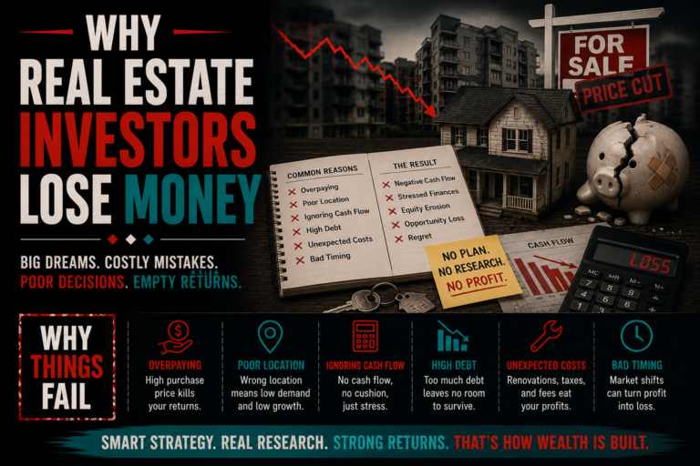 Why Real Estate Investors Lose Money illustrated through excessive leverage and poor cash flow management in a residential property investment.