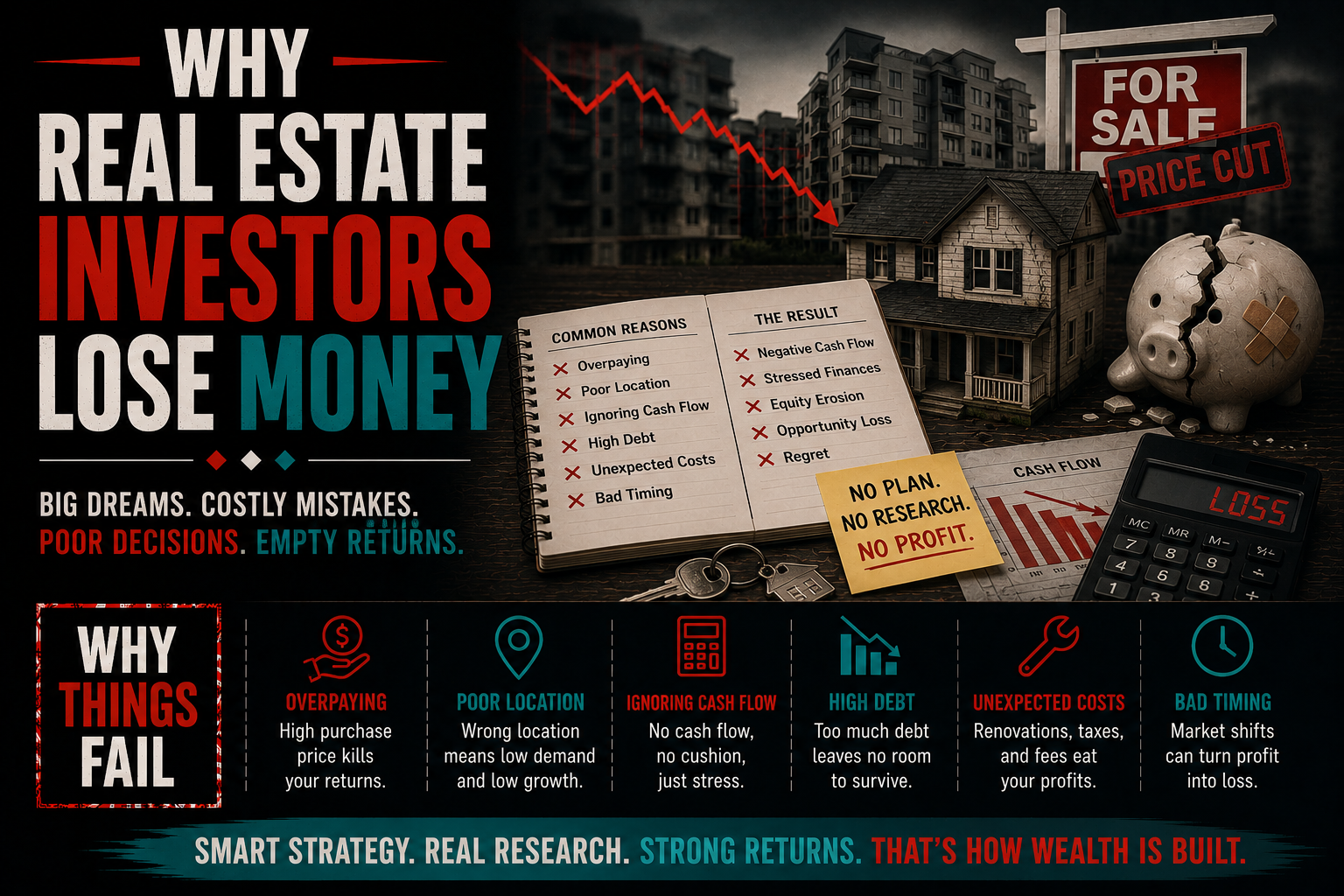 Why Real Estate Investors Lose Money illustrated through excessive leverage and poor cash flow management in a residential property investment.