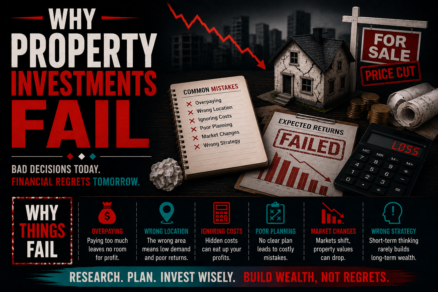 Why property investments fail infographic explaining overconfidence, excessive borrowing, poor risk management and declining rental income