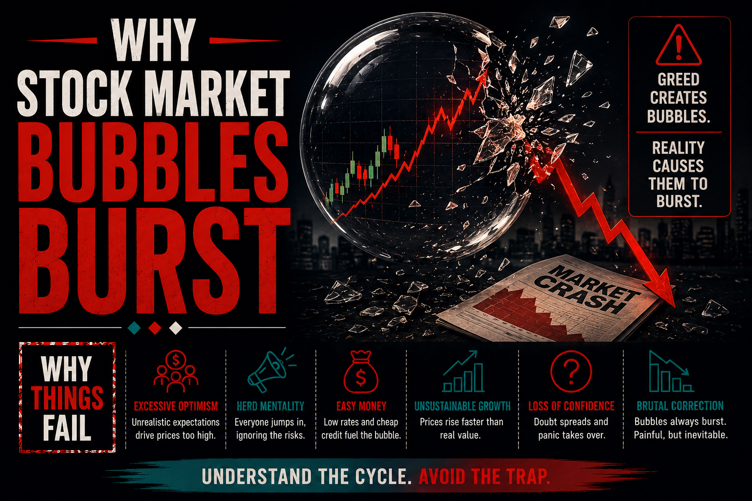 Why stock market bubbles burst showing the cycle of optimism, speculation, market peak and financial collapse
