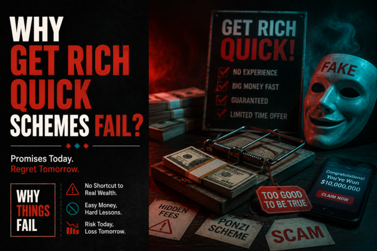 Why Get Rich Quick Schemes Fail illustrated through a broken ladder leading to piles of cash, symbolising unrealistic promises and financial collapse.