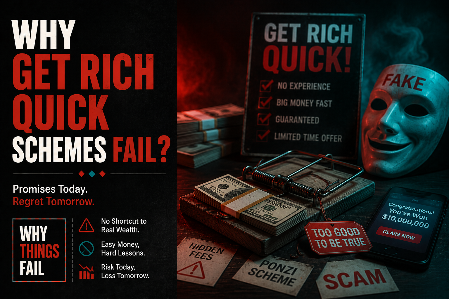 Why Get Rich Quick Schemes Fail illustrated through a broken ladder leading to piles of cash, symbolising unrealistic promises and financial collapse.