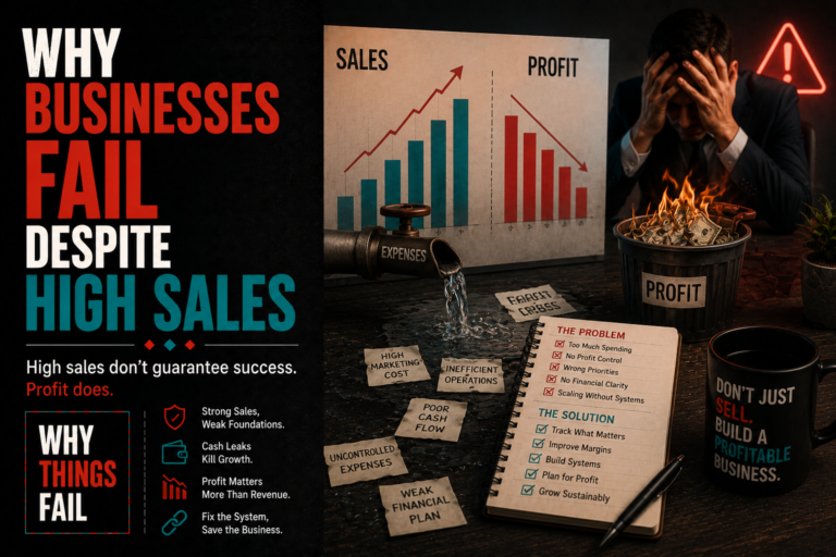 Why Businesses Fail Despite High Sales infographic showing cash flow problems, rising expenses and shrinking profit margins in a growing company.