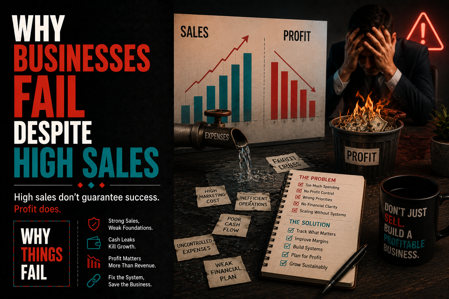 Why Businesses Fail Despite High Sales infographic showing cash flow problems, rising expenses and shrinking profit margins in a growing company.