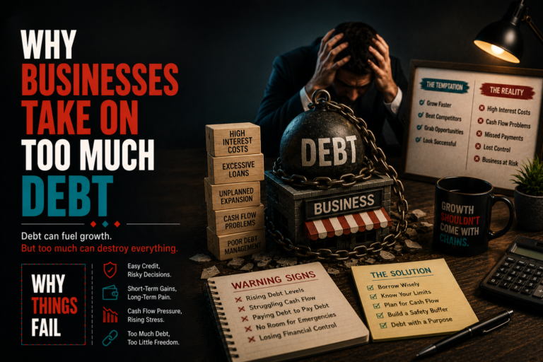 Why Businesses Take On Too Much Debt illustrated through business cash flow analysis and financial planning documents.