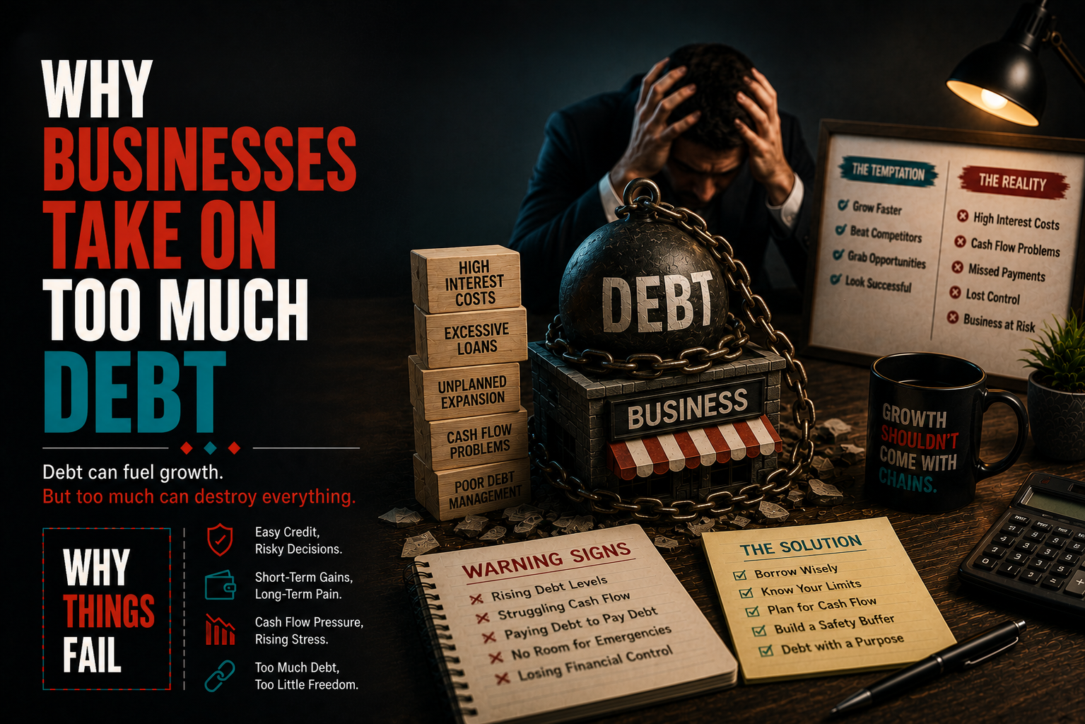 Why Businesses Take On Too Much Debt illustrated through business cash flow analysis and financial planning documents.