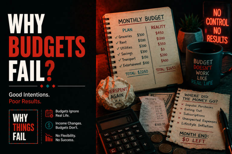 Why Budgets Fail infographic showing emotional spending, lifestyle inflation and poor financial planning affecting monthly budgets.