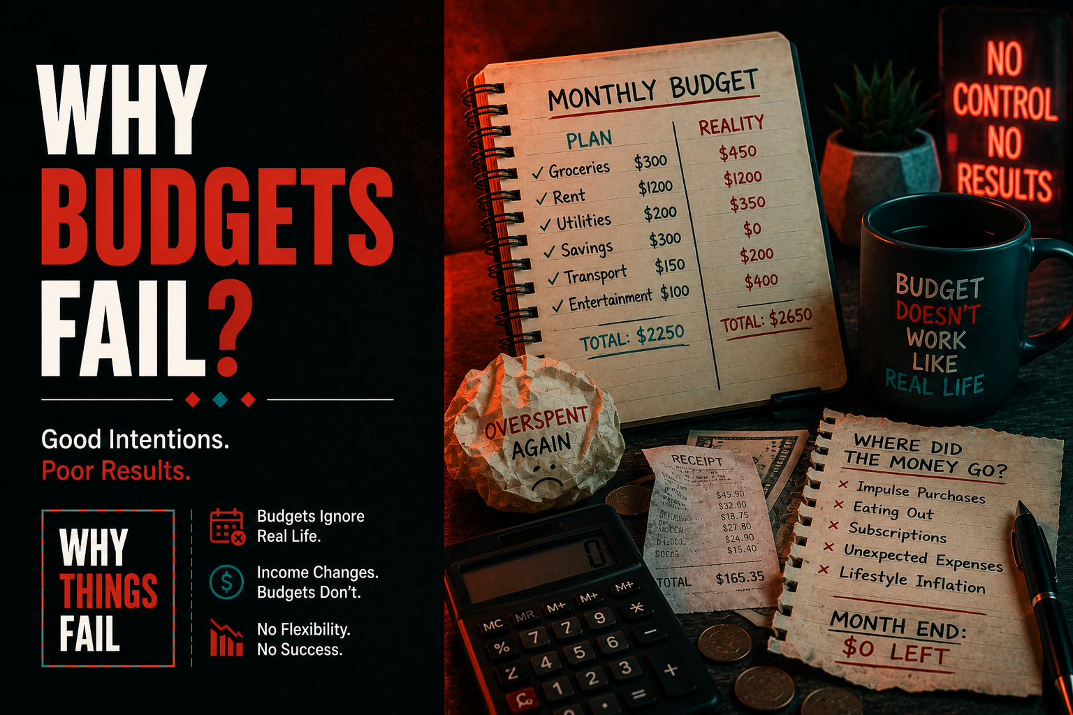 Why Budgets Fail infographic showing emotional spending, lifestyle inflation and poor financial planning affecting monthly budgets.