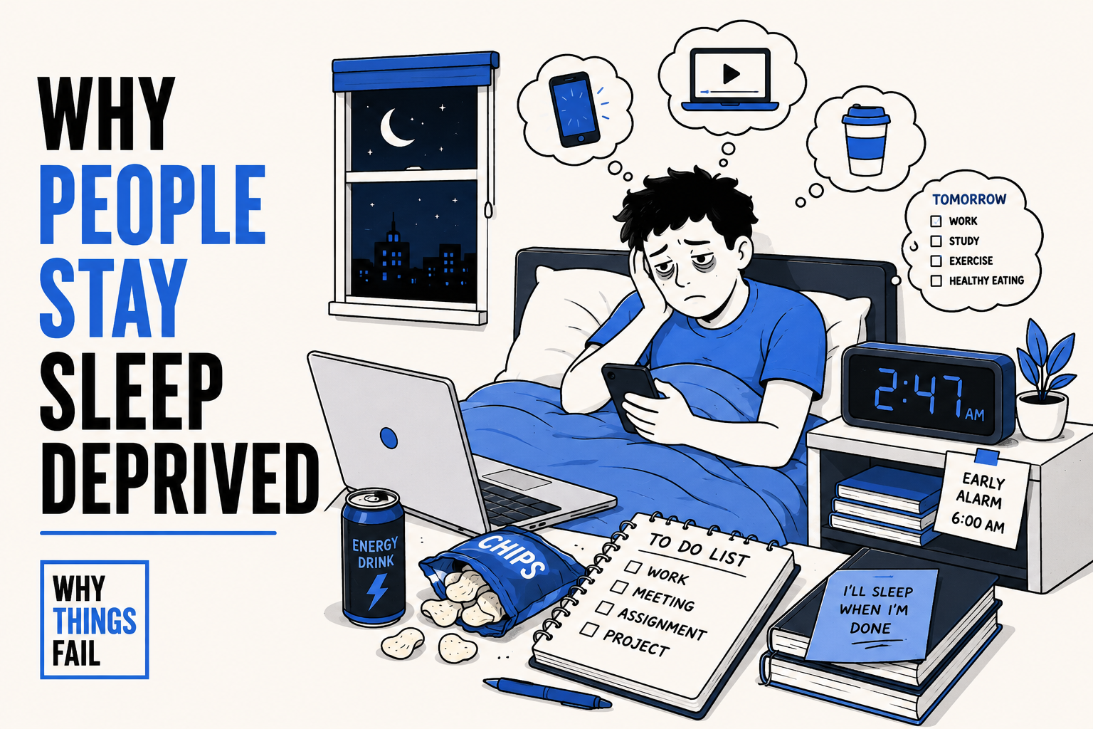 Why People Stay Sleep Deprived concept showing the impact of poor sleep on decision making, productivity and mental health