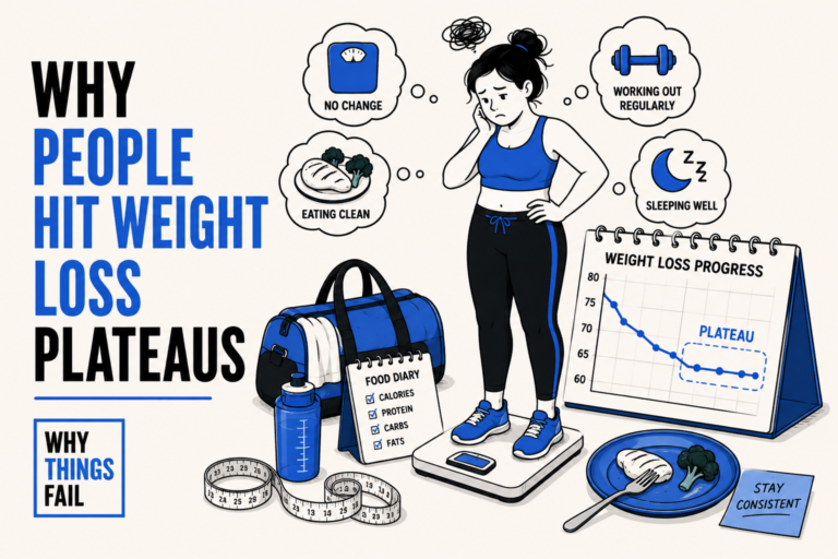 Why People Hit Weight Loss Plateaus concept showing healthy eating, strength training, sleep