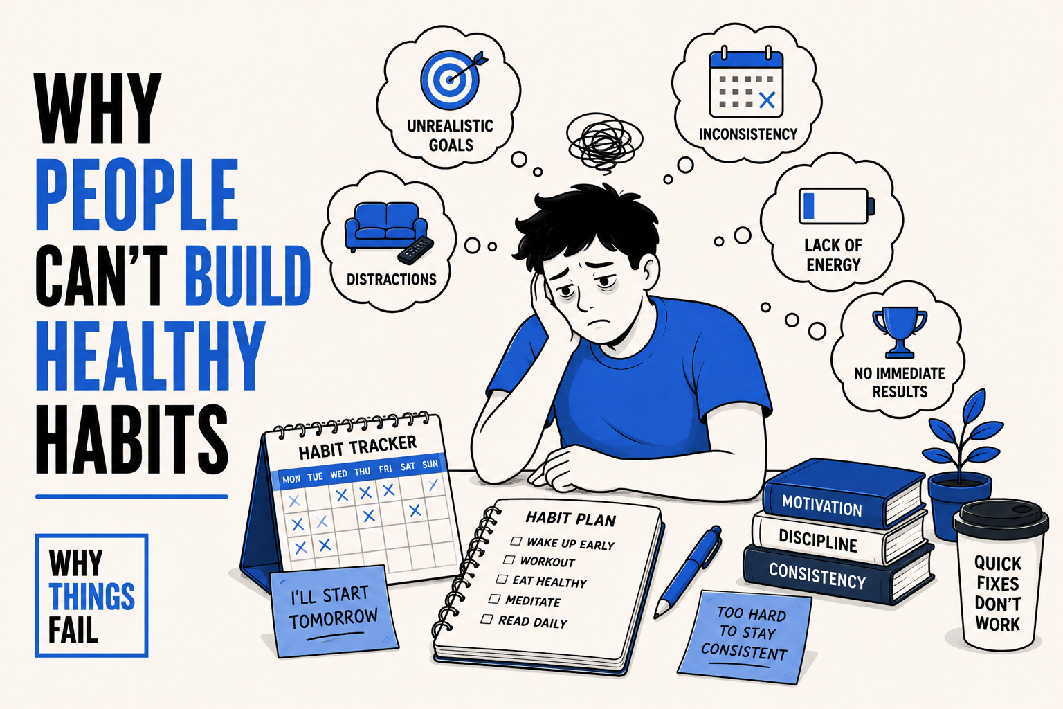 Why People Can't Build Healthy Habits visual showing healthy routines, behaviour systems and long term consistency