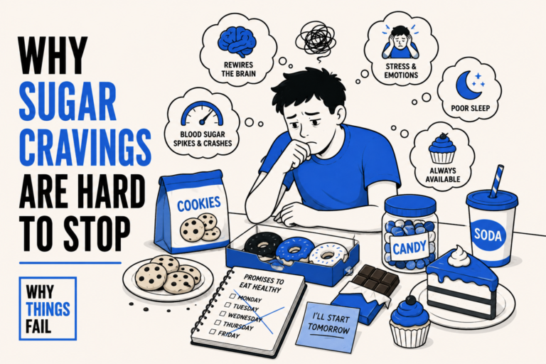 Why Sugar Cravings Are Hard To Stop illustrated with brain reward pathways and sugary foods
