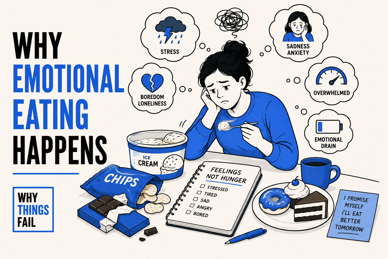 Why Emotional Eating Happens infographic showing stress, brain reward system and food cravings