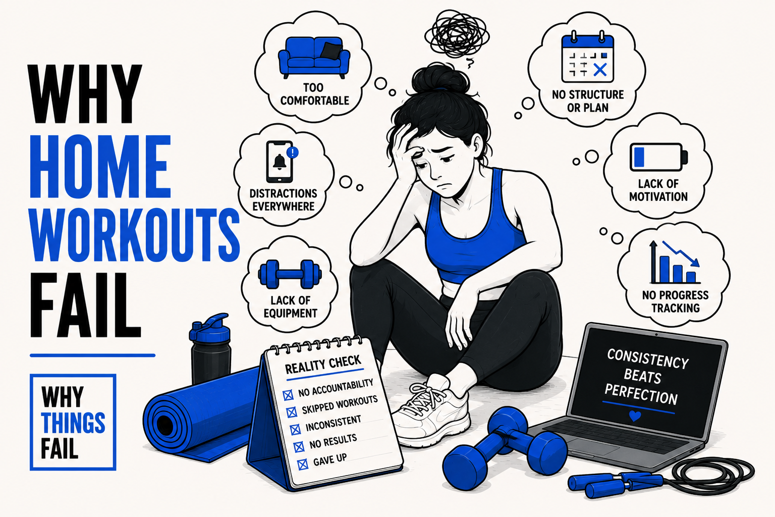 Why Home Workouts Fail because of poor consistency and lack of routine at home