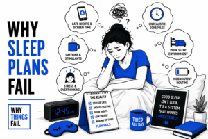 Why Sleep Plans Fail illustrated through a person lying awake in bed while using a smartphone late at night.