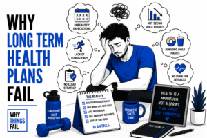 Why Long Term Health Plans Fail illustrated through daily habits and behavioural psychology influencing healthy lifestyle decisions