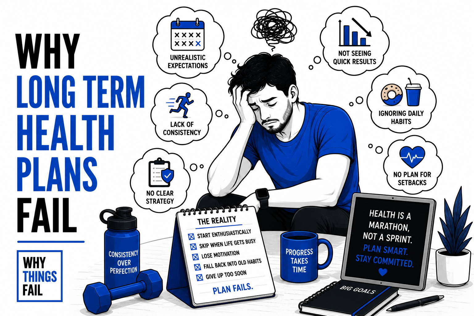 Why Long Term Health Plans Fail illustrated through daily habits and behavioural psychology influencing healthy lifestyle decisions