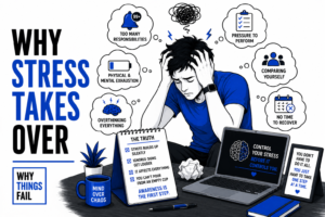 Why Stress Takes Over illustrated through chronic stress affecting the brain during everyday work and decision making