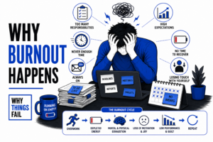 Why Burnout Happens illustration showing chronic workplace stress leading to emotional and mental exhaustion in a modern office environment