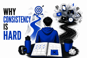 Why Consistency Is Hard illustrated through daily habits and long term success mindset