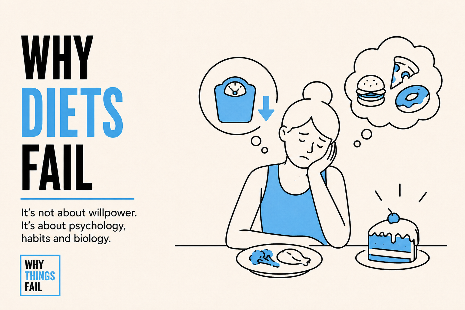 Why Diets Fail concept image showing the cycle of dieting, weight regain, behavioural change and long term health habits