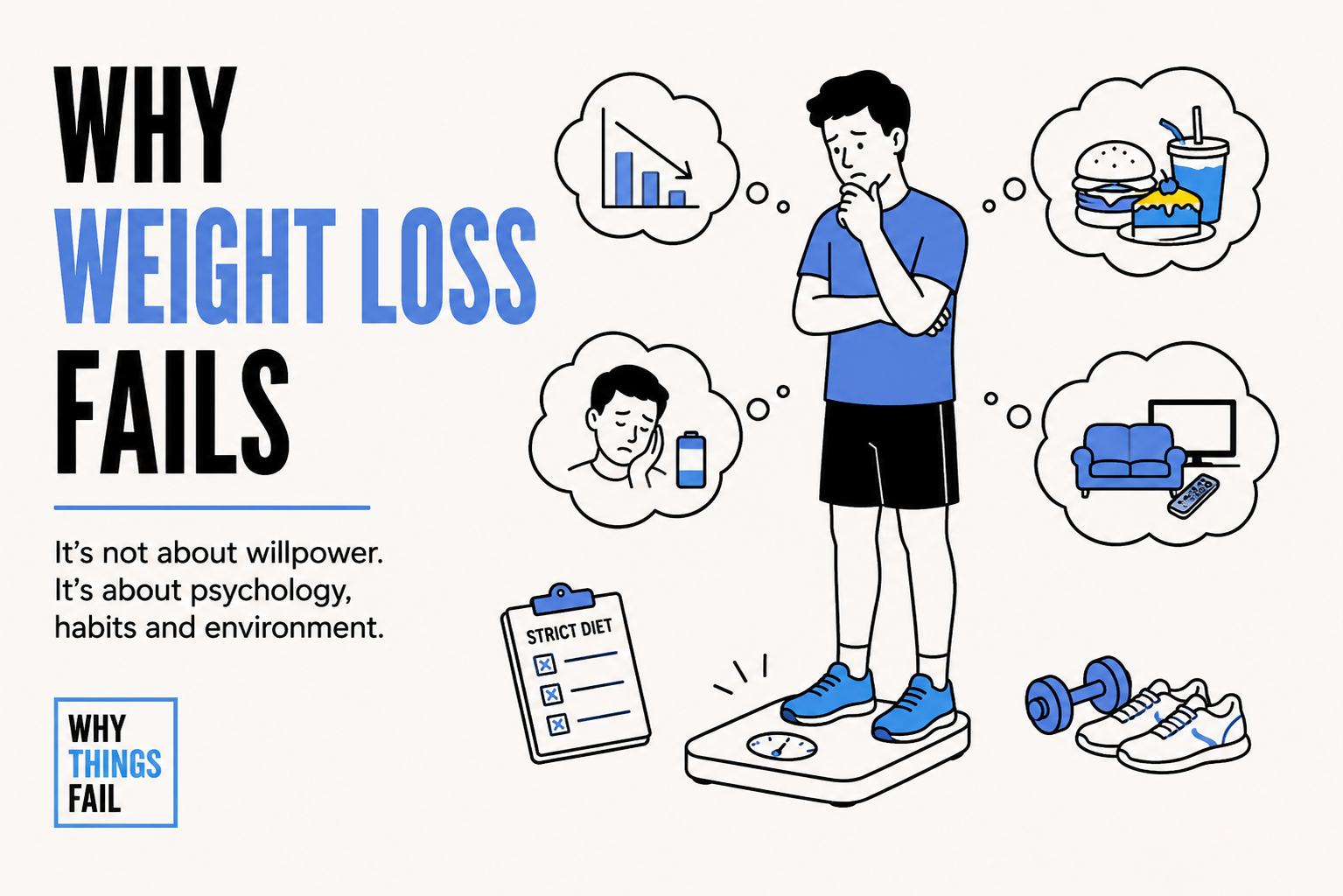 Infographic showing Why Weight Loss Fails because of poor habits, stress, emotional eating and short term decision making.