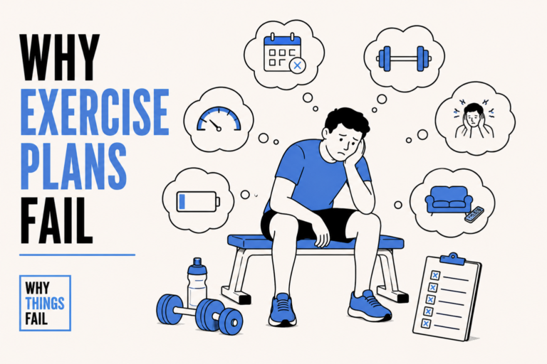 Why Exercise  Plans Fail illustrated by a person abandoning a fitness routine after losing motivation in the gym.