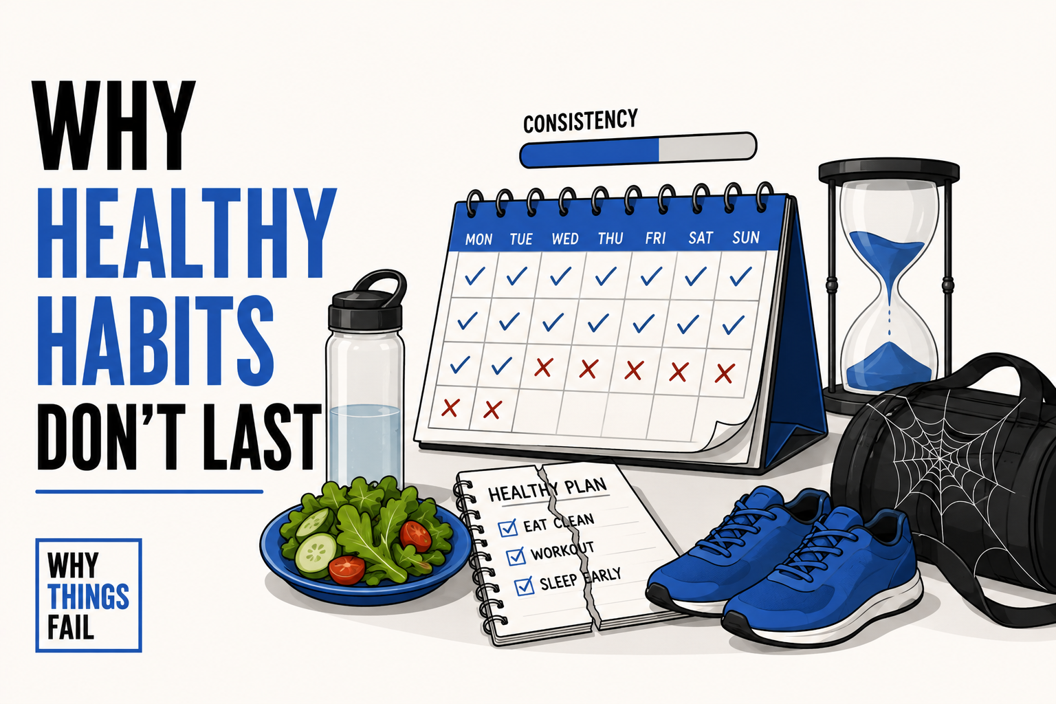 Visual explaining Why Healthy Habits Don't Last through behavioural psychology, identity based habits, consistent routines and sustainable lifestyle systems.