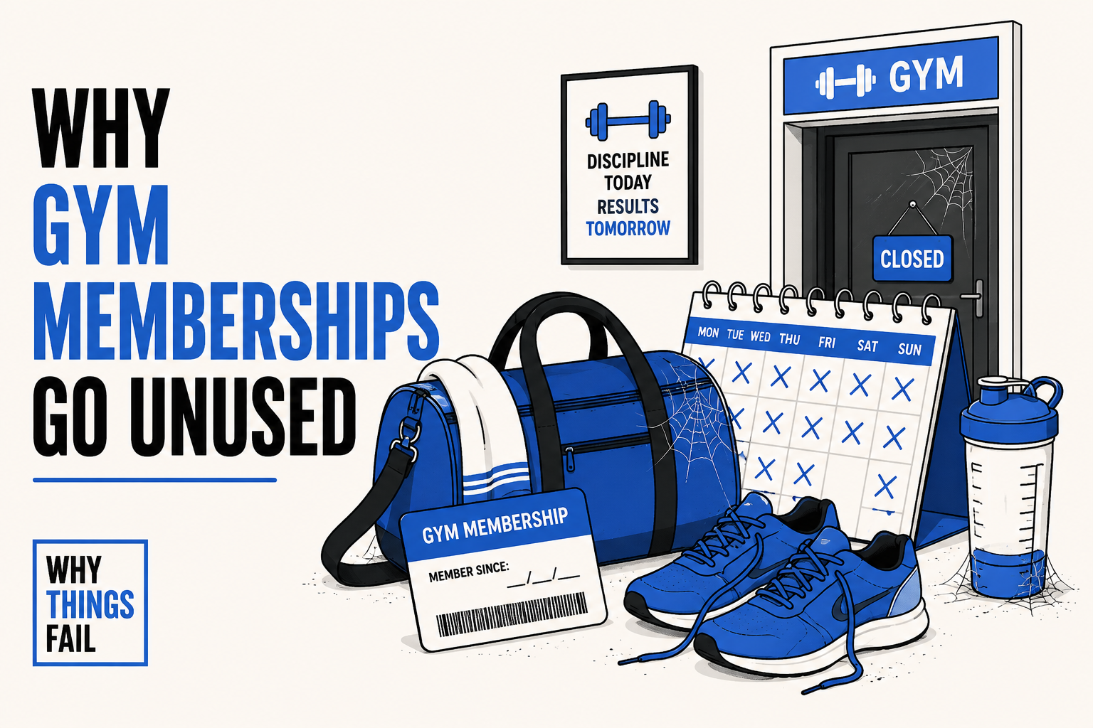Why Gym Memberships Go Unused illustrated by an empty modern gym with unused treadmills and workout equipment.