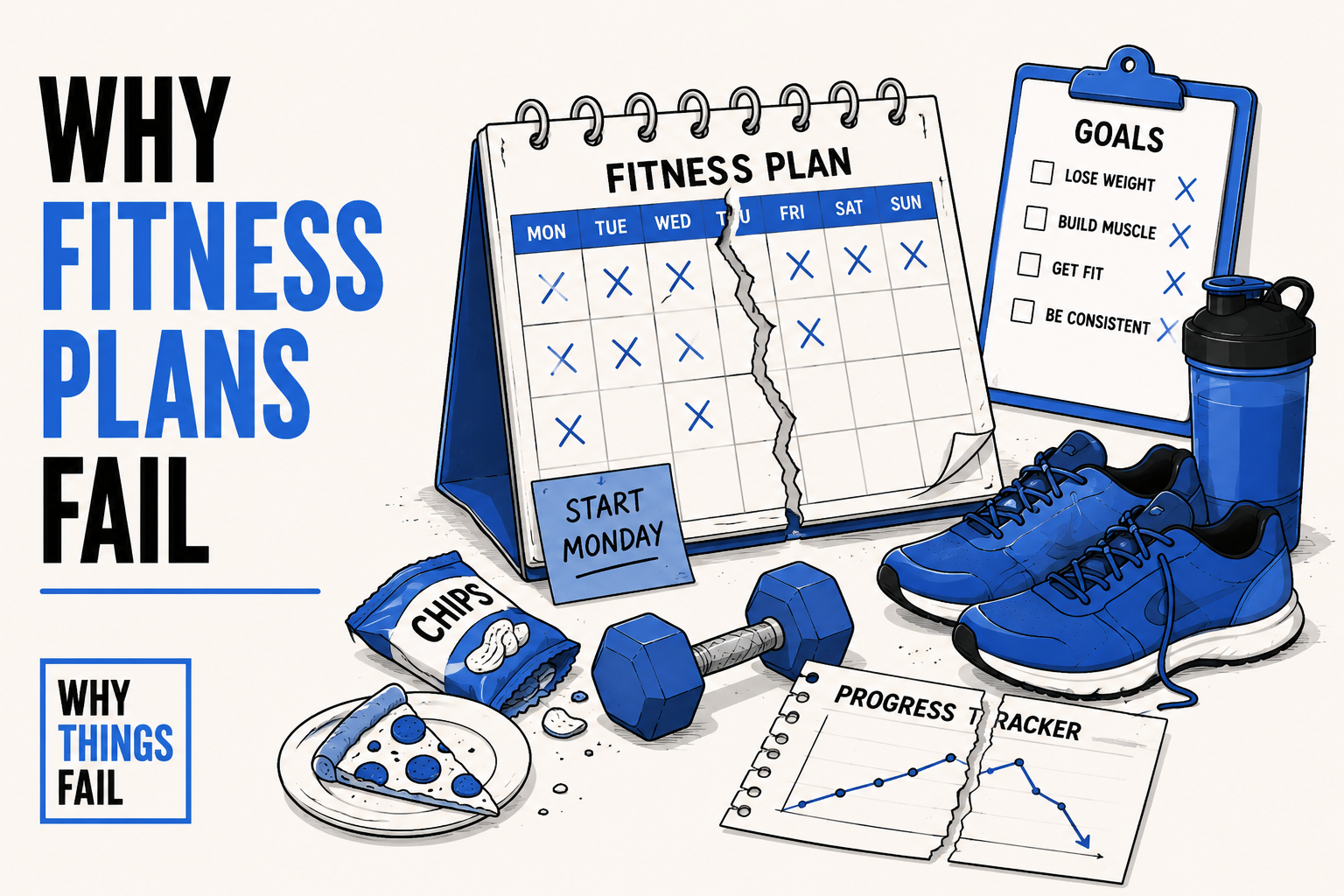 Why Fitness Plans Fail illustration showing a person abandoning a workout routine due to inconsistent habits and poor planning.
