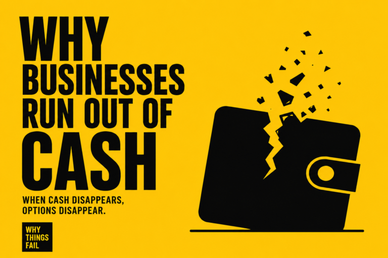"Minimalist yellow and black illustration showing a cracked wallet breaking apart with bold text reading 'Why Businesses Run Out of Cash.' The graphic symbolizes financial struggles, cash flow problems, and business failure caused by running out of working capital."