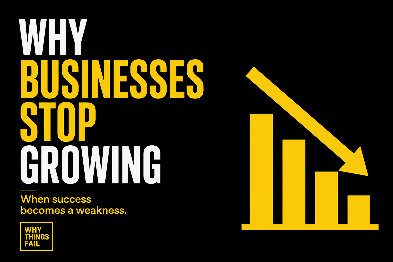 "Why Businesses Stop Growing illustration with a declining bar chart and downward arrow on a black background."