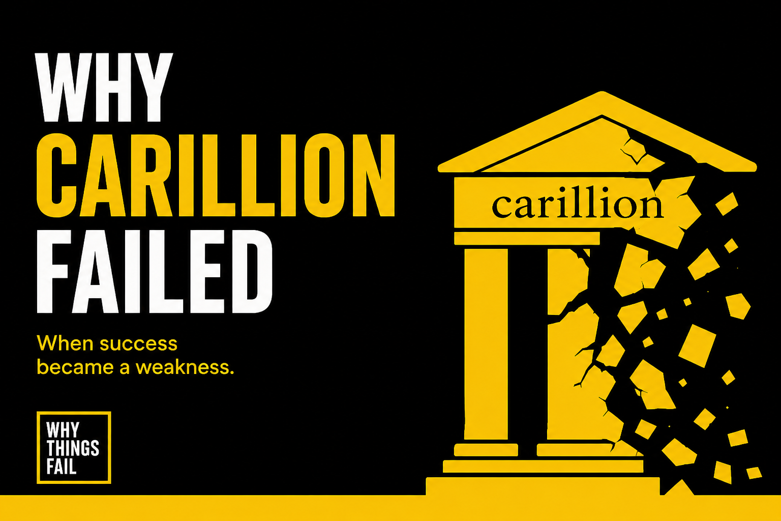 "Minimalist black and yellow illustration featuring a crumbling government-style building labeled 'Carillion' with bold text reading 'Why Carillion Failed.' The image symbolizes the collapse of the UK construction giant due to financial mismanagement, excessive debt, and business failure."