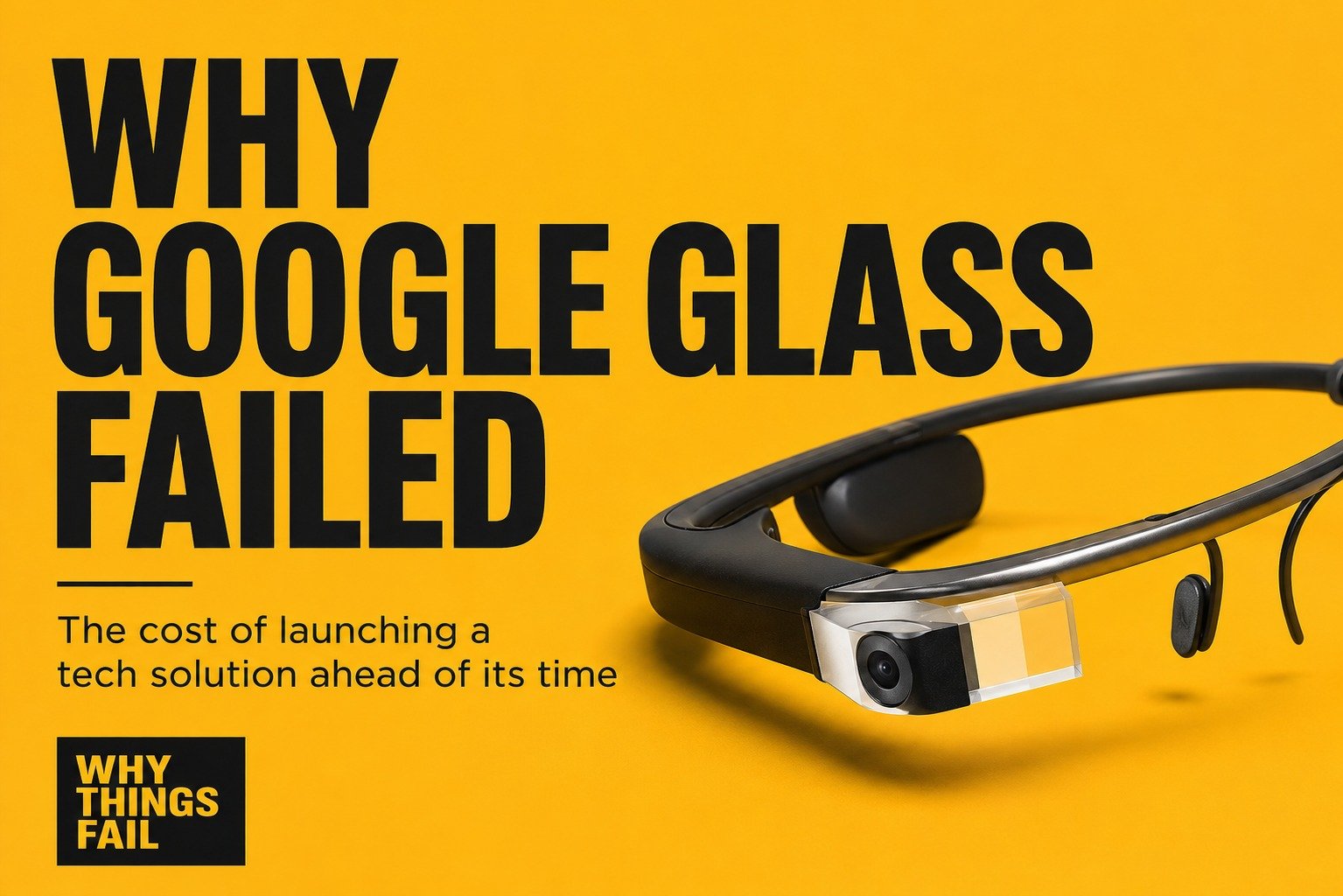 A high-contrast infographic poster titled "DEEP DIVE: THE PRODUCT GRAVEYARD" and "WHY GOOGLE GLASS FAILED" illustrates the tech product's downfall by depicting a crashed rocket-like device with a broken Google logo screen, surrounded by debris, downward-trending charts, and labels pointing to reasons for failure such as "PRIVACY CONCERNS" and "HIGH PRICE POINT."