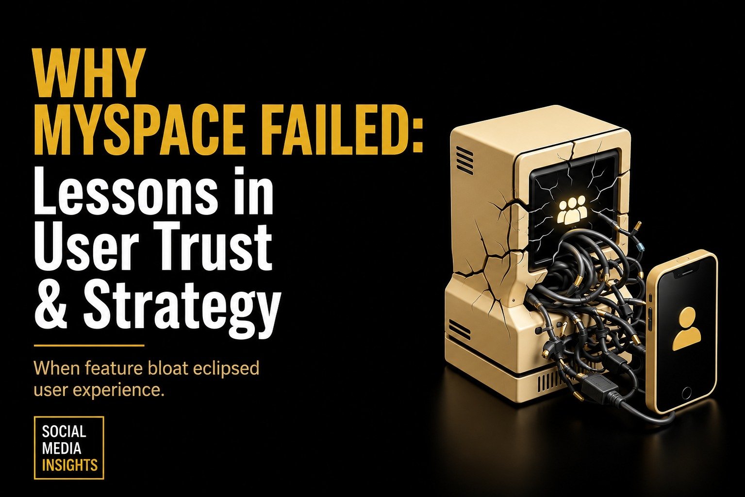 A graphic titled "Why MySpace Failed: Lessons in User Trust & Strategy" in a black and yellow color scheme. An illustration shows an outdated desktop computer breaking down and spilling out tangled wires, old CDs, and clutter, while people migrate away from it toward a modern smartphone. Below the title, the subtitle reads, "When feature bloat eclipsed user experience." At the bottom left, a box contains the text "Social Media Insights."