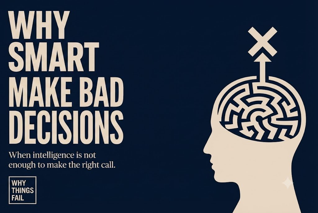 A cream-colored silhouette of a head with a maze brain and an upward arrow pointing to an 'X' is on a dark navy background, next to the bold text "WHY SMART PEOPLE MAKE BAD DECISIONS" and a "WHY THINGS FAIL" logo.